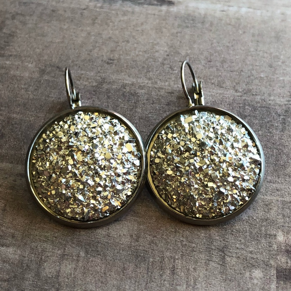 Silver Faux Druzy Stainless Steel Drop Earrings! - Picture 5 of 11